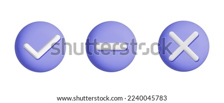 Collection of 3d vector web design element purple button with minus, plus and check mark symbol. Cartoon render icon isolated on white background. 

