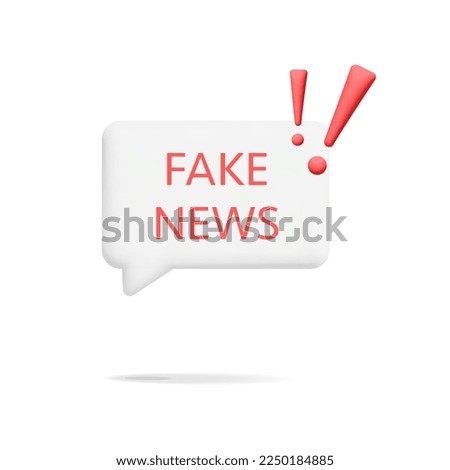 3d vector  red Fake news text with exclamation signs on white pop up chat notification bubble design. Rectangle warning alert badge isolated on white background.