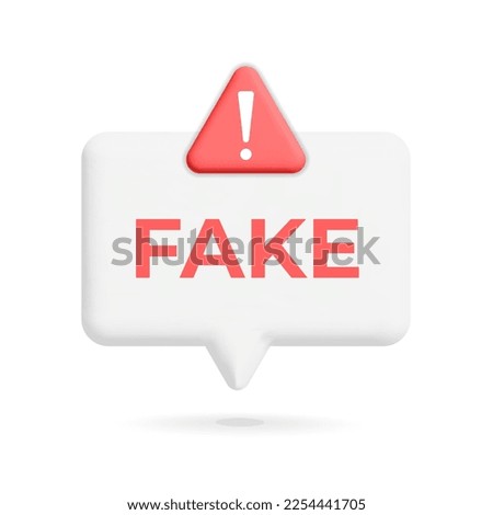 3d vector Fake news text notification bubble chat design. Cartoon render red alert hazard attention triangle with exclamation signs on white notice box design. 