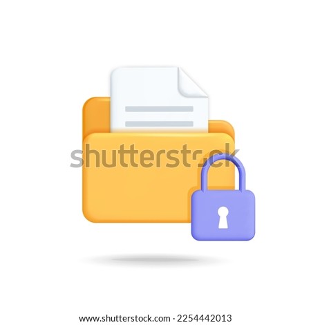 3d vector safe computer document file folder symbols design. Cartoon render yellow folder with lock secure protection sign icon. Digital file organization and store idea.