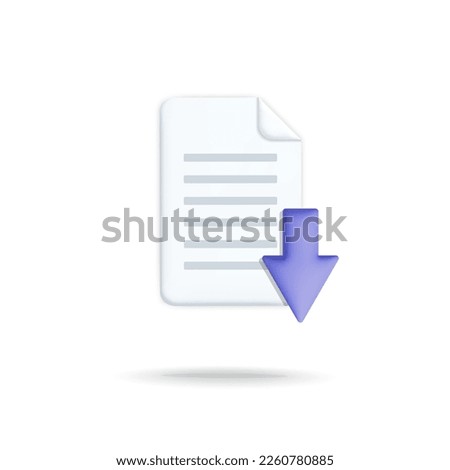 3d vector paper document with purple download arrow icon design. Cartoon render file organization or sheet of paper information upload content from internet or digital cloud concept.