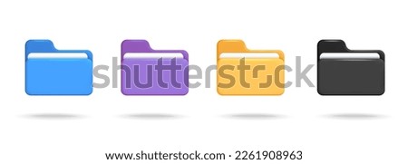 Collection of  blue, purple, yellow and black computer file folder with paper document 3d vector icon design. Digital file organization and store idea isolated on white background.