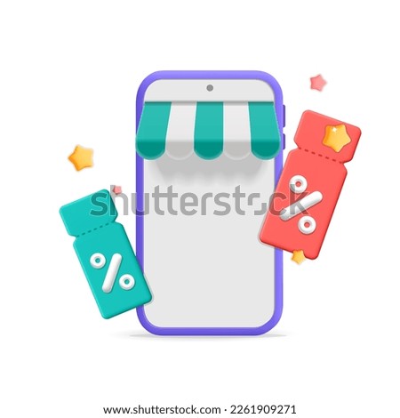 3d vector online shopping sale discount mockup banner template. Cartoon render smartphone with store awning and floating sale coupon voucher with percentage signs symbol element.
