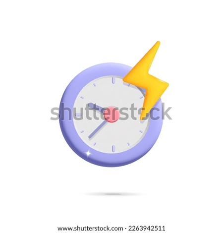 3d vector Round purple alarm clock with flash thunder symbol design illustration. Time management, last call, time-keeping, business, work, time period concept symbol. 