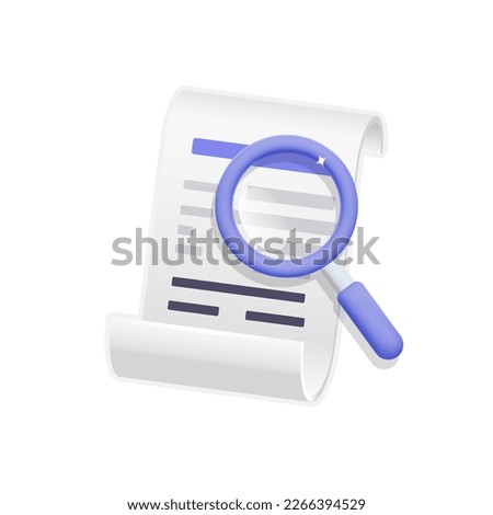 3d vector paper  receipt bill with search eco magnifying glass symbol design. Cartoon render payment document research, analytics, analysis, data investigation or financial data monitoring concept.