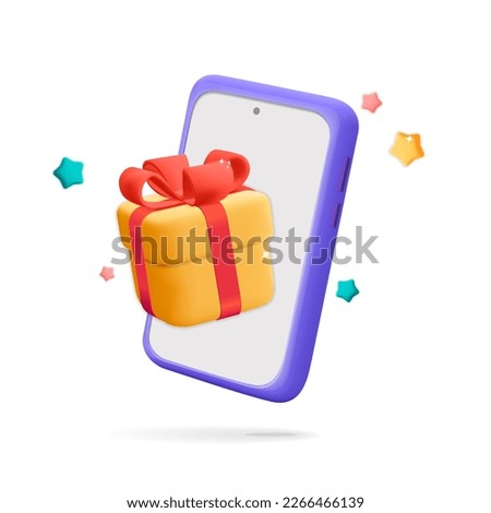 3d vector cartoon render for promo or digital marketing specula offer, gift box with smartphone and stars mockup design. Online shopping sale banner template isolated on white background.