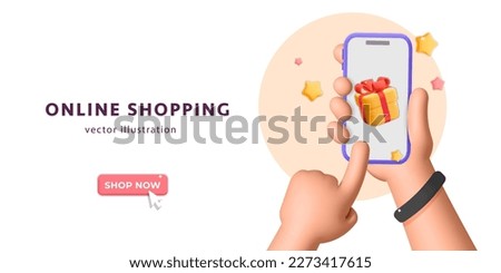 3d vector online shopping mockup banner template man hand holds smartphone, purchase gift present on mobile app store design. Discount sales banner Business, Digital marketing social media.