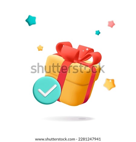 3d vector cartoon render ready done floating present gift closed box with tick check mark star explosion design. Celebration, anniversary, greeting festive present surprise decoration element.