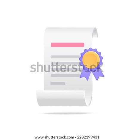 3d vector cartoon plastic render rolled paper bill or certificate award document symbol with purple  stamp ribbon medal quality guarantee icon design