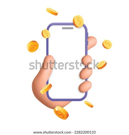 3d vector cartoon render floating gold dollar coins around hand holds smartphone mockup with white device screen design. Cash back, saving money, business, finance, online pay with mobile app