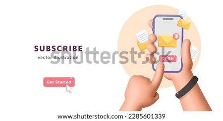 3d vector subscribe newsletter banner template with hands holding smartphone with new incoming letter email symbol design. Internet communication, email marketing, Mail mobile app service.