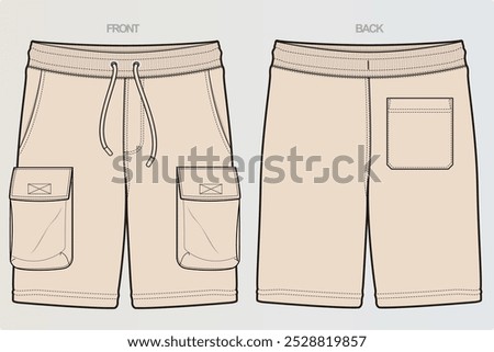 A range of technical drawings for boys' or men's shorts typically showcases various styles, including athletic, cargo, and casual. These include front, side, and back views, highlighting seams, pocket