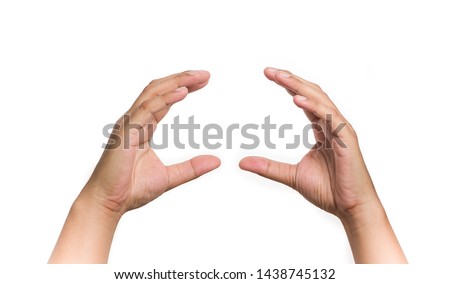 Empty hands showing gesture holding burger, sandwich or some food isolated on white background.