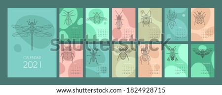 Template calendar 2021. Graphic design of the calendar with insects in the Low polygonal style. Set of 12 months 2021. The week begins on Sunday. Business calendar. Stoke vector illustration.