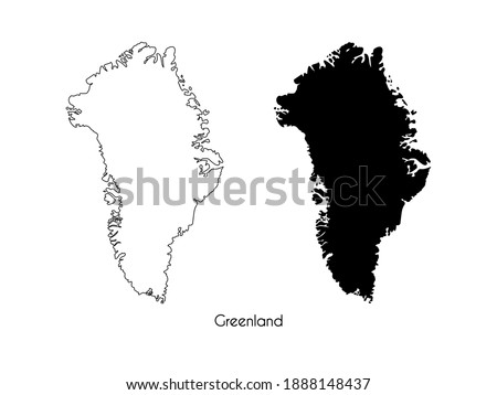 Isolated linear outline and black silhouette map of Greenland on white background. Highly detailed map of Greenland with country name. Vector.