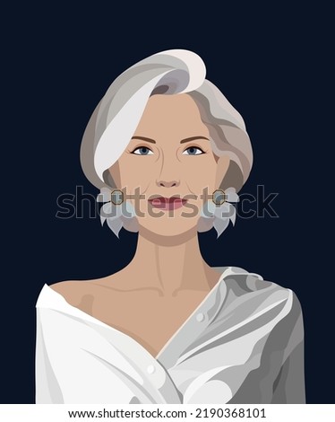 Portrait of an older woman. Avatar of an elderly lady. Portrait of a fashionable grandmother for social media. Face of a happy retired lady. Stock vector illustration in flat style.