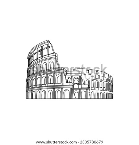 Hand drawn lines of the Colosseum on a white background. Italy, Rome. Famous landmark. Symbol of tourism. Stock vector illustration.