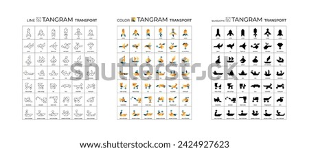 Big set of tangram puzzle for kids. Collection of transport. Illustrations of lines, colors and silhouettes. Isolated icons on white background. Game for brain development. Stock vector illustration.