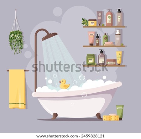 Bathroom with bathtub, shower, grooming cosmetics, towel, rubber duckie and plant. Cozy modern bathroom interior. Daily care, human hygiene, body wash. Stock vector illustration.