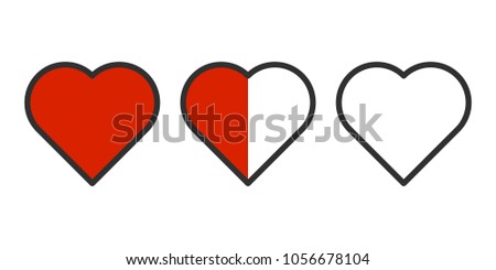 Vector image of three hearts in a row - completely filled, half of the fill and without pouring. Easily editable outline. Isolated on white background.