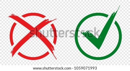 Acceptance and rejection symbol vector buttons for vote, election choice. Circle brush stroke borders. Symbolic OK and X icon isolated on white.Tick and cross signs, checkmarks design