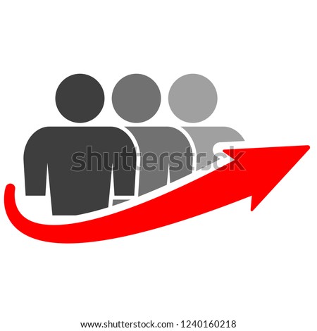 Icon of a group of people of three people and an arrow of growth. Red arrow growth. Vector on white background