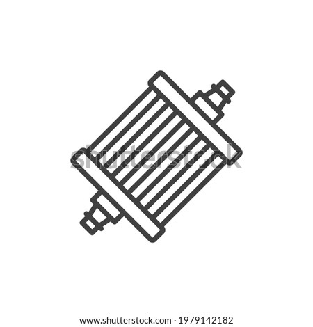 Gasoline filter icon. A simple linear image of a fuel filter. Fuel inlet on one side, outlet on the other. Isolated vector on pure white background.