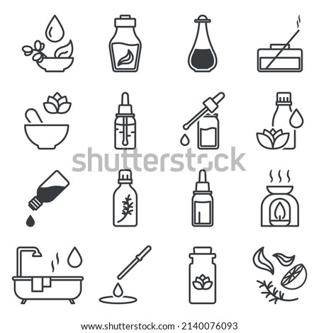 Essential oil icons set. Simple line drawing of vials, use and composition of liquid essential oil. Vector over white background.