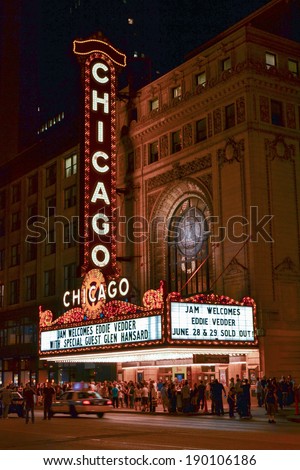 Chicago, Illinois, USA - June 30, 2011, The landmark Chicago Theater in the Loop area of Chicago, Illinois showing patrons departing after an event