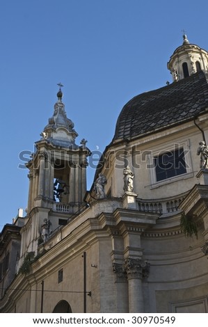 A cornice and belfry on a Catholic church in Rome, Italy (http://www.artistovision.com/religion/italian-church-belfry.html).