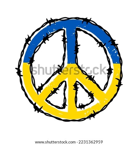 Barbwire peace sign shape in Ukrainian flag blue and yellow colors. Hand drawn vector illustration in sketch style. Pray for Ukraine