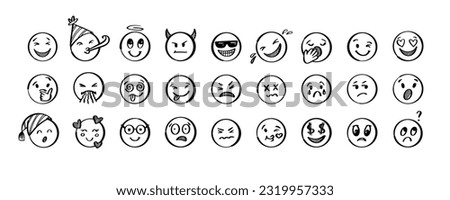 Doodle emoji set. Hand drawn sketch vector illustration. Pack of different expressions emoticons