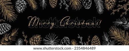 Merry Christmas and Happy New Year horizontal greeting card with hand drawn golden evergreen branches and cones on black background. Vector illustration in sketch style