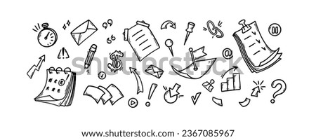 Set of business office doodle elements. Hand drawn stationary, arrow, flying paper pile, pin, calendar. Vector illustration in sketch style
