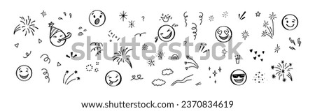Set of sketch birthday celebration elements. Cute line doodle emoji, fireworks, sparks, rainbow, stars, confetti. Squiggle drawings. Vector illustration