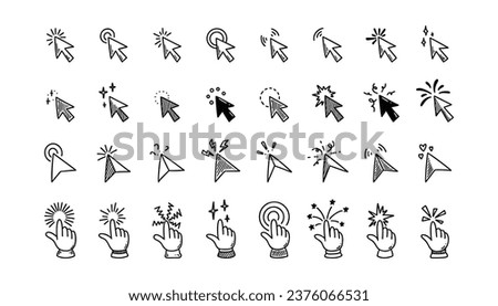 Doodle click icon set. Hand drawn mouse cursor. Press here tap button. Arrow and finger pointer. Sketch vector illustration