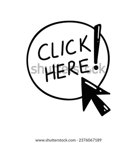 Doodle click here button. Hand drawn sketch cursor icon. Web site register. Freehand vector illustration of mouse cursor