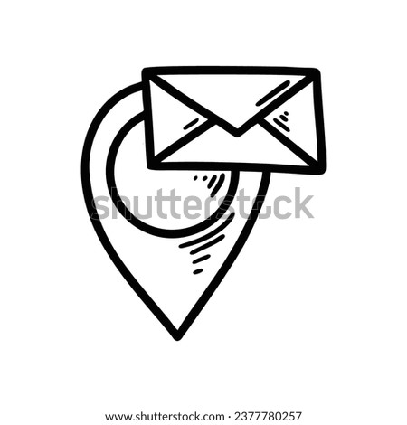 Doodle post office location icon. Hand drawn delivery map pin. Sketch mail marker. Letter receiving place