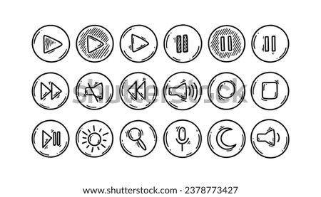 Doodle media and video interface circle buttons. Set of hand drawn sketch control icons. Lap top keyboard. Play, pause, stop, forward, rewind keys. Vector illustration