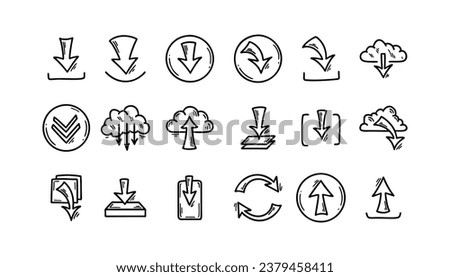 Download and upload file doodle icons set. Hand drawn sketch interface buttons. Cloud data server technology. Digital storage arrow pictogram