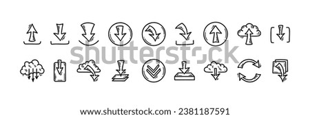 Download and upload file doodle icons set. Hand drawn sketch interface buttons. Cloud data server technology. Digital storage arrow pictogram.