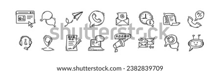 Doodle contact us icons set. Sketch customer support service, communication, help desk, information and client review symbols. Hand drawn cell phone, mail, emal, fax, location, web page  illustartion