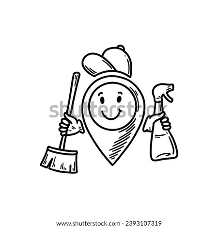 Cute line doodle cleaning location pin emoji. Freehand sketch pinpoint. Map address comic emoticon. Smiling funny character