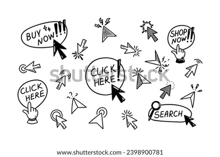 Doodle click icon set. Hand drawn mouse cursor. Press here tap button. Arrow and finger pointer. Sketch vector illustration. Design element for mobile app and web site