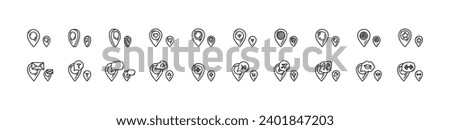 Location pin icons set. Doodle location marker. Sketch restaurant, gym, bar, airport, hospital, store, university pinpoint. Hand drawn gps navigation mark. 