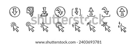 Download and upload file doodle icons set. Hand drawn sketch interface buttons. Data server technology. Digital storage arrow pictogram. 