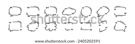 Doodle quotation mark box. Hand drawn blank quote text speech bubble. Sketch feedback design. Dialogue, conversation, talk template. Scribble vector illustration