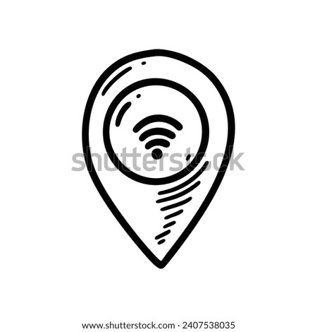 Doodle wifi location icon. Wireless satellite internet connection pinpoint. Sketch radio signal symbol. Hand drawn map pin.