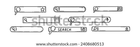Doodle picture, photo, voice search bar set. Hand drawn internet information find. Website browser box sketch. Magnifying glass button. Computer interface. Bookmark symbol 
