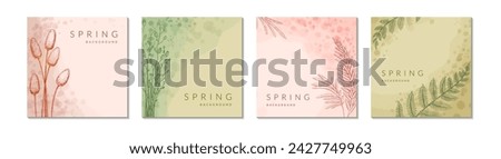 Spring floral watercolor abstract background set. Social media square post template. Spring flower design, greeting card, label, flyer, leaflet, poster. Beauty, spa, jewelry, wedding, fashion, concept